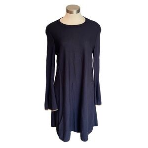 COS Dress Navy Blue Wool Knit Bell Sleeves Beige Trim A-Line Sz S